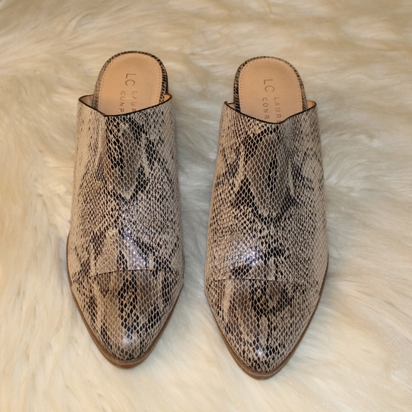 LC Tan Faux Leather Anima Snake Print Pointed Toe Chunky Block Heel Mules Shoes - Picture 4 of 12